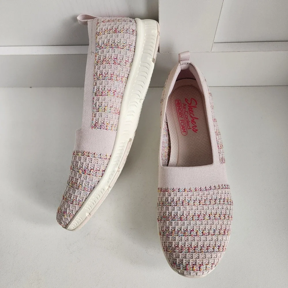 Skechers Active Be Cool 9.5 Slip On Walking Shoes Pink Multi Confetti Woven  NEW